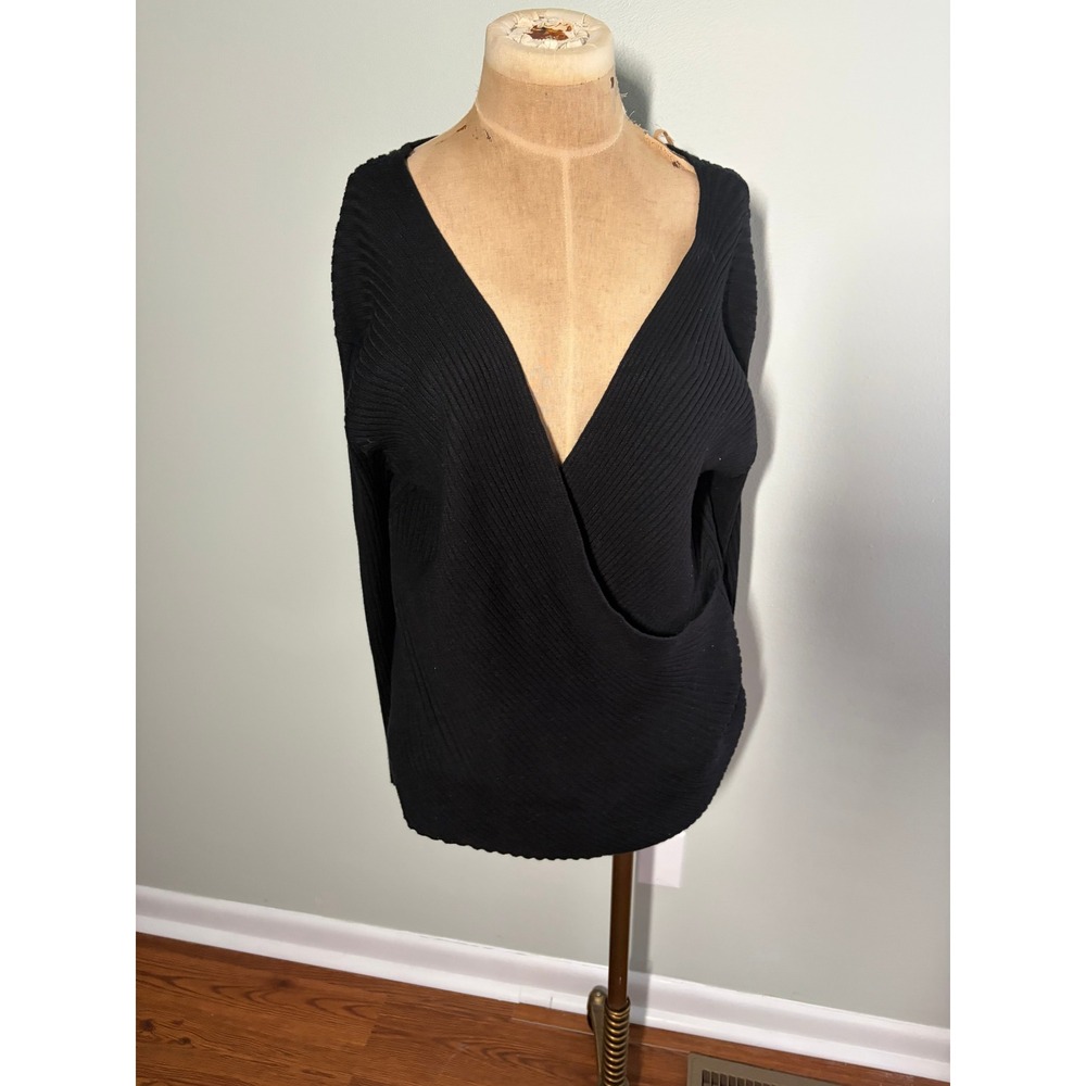 Eloquii Black Ribbed Wrap Front V-Neck Sweater Long Sleeve Plus Size 18/20